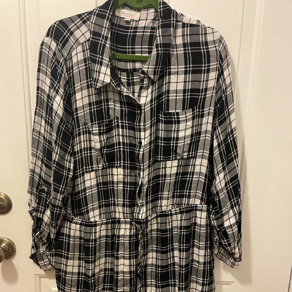 Black and White Plaid Short Dress with Drawstring Waist XL